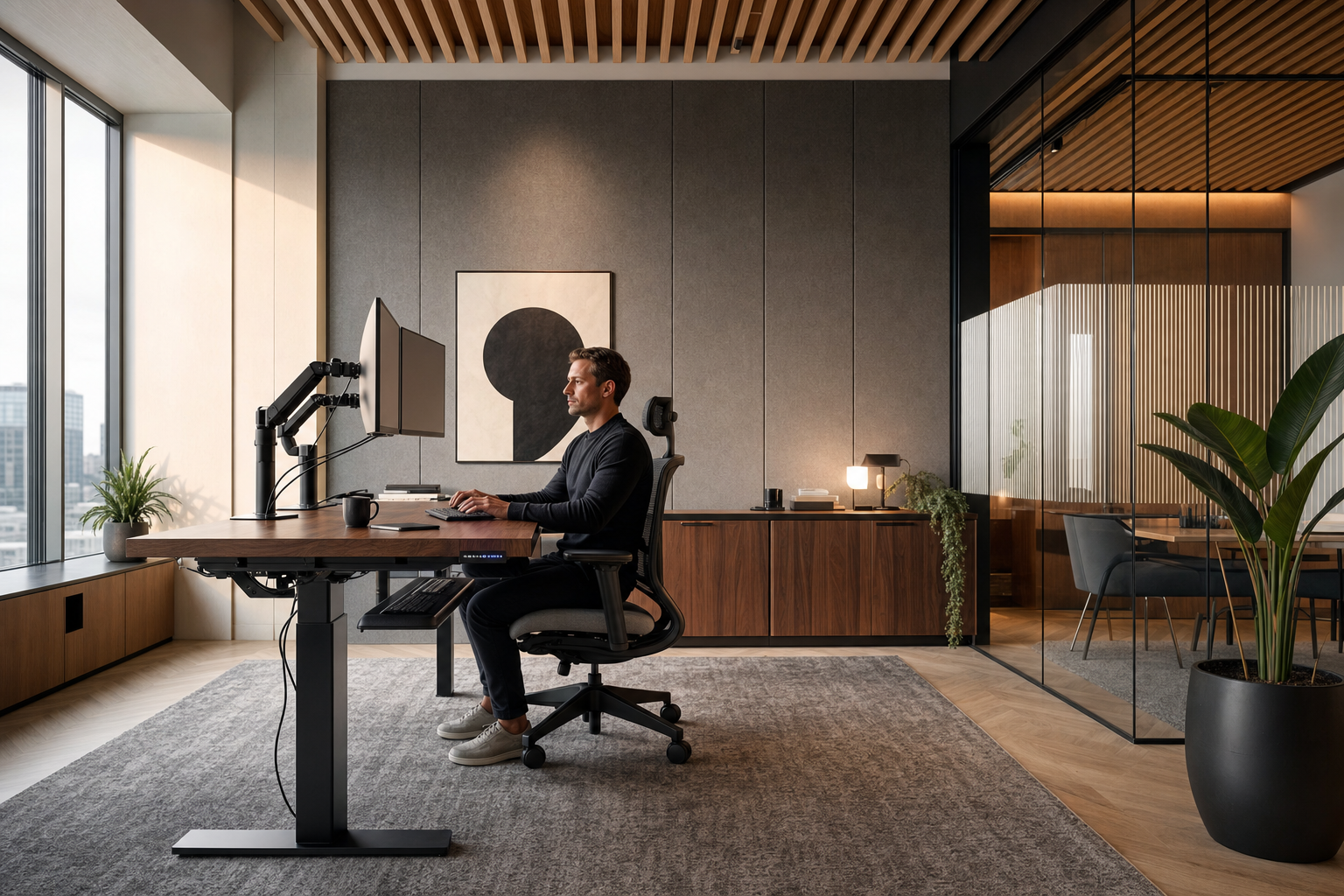 Luxe kantoorinrichting met akoestische panelen en ergonomische stoelen