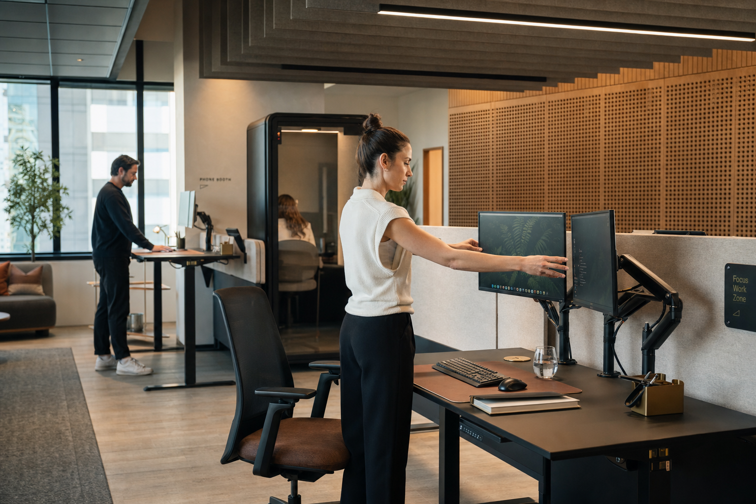 Ergonomische bureaustoel en hoogstelbare werkplek in luxe kantoor